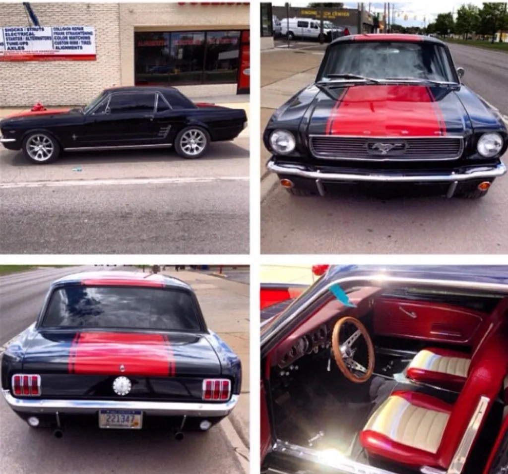 Black Ford Mustang with red racing stripes — custom paint restoration at Jack's