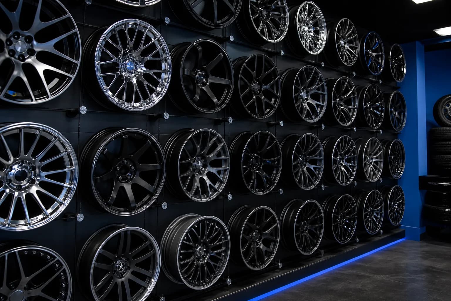Custom chrome and black rims on display in Jack's wheel and tire showroom