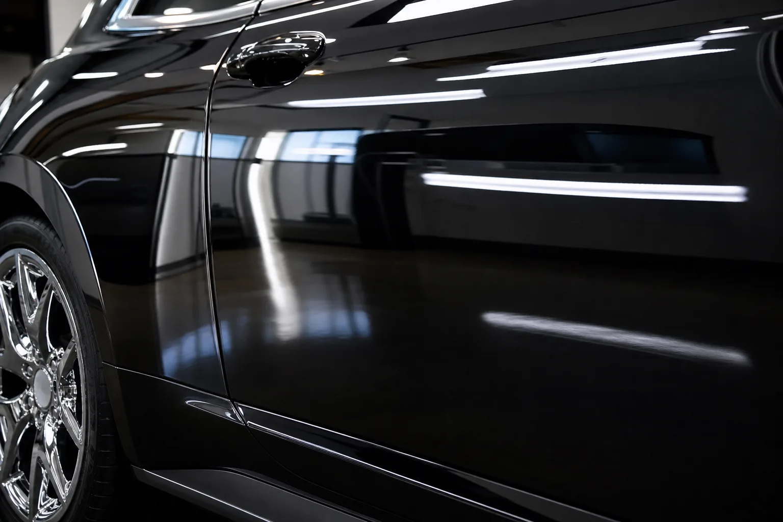 Gloss black collision refinish on a Cadillac door — factory-smooth paint at Jack's
