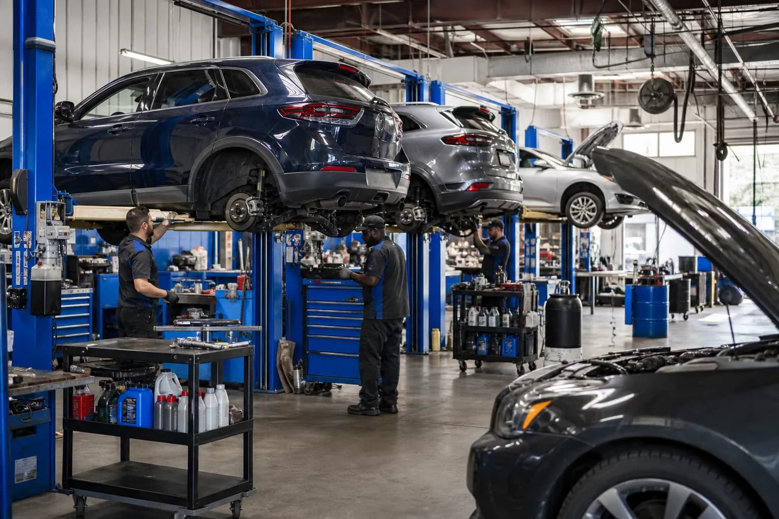 Active service bays with vehicles on lifts — the shop floor Sam runs every day