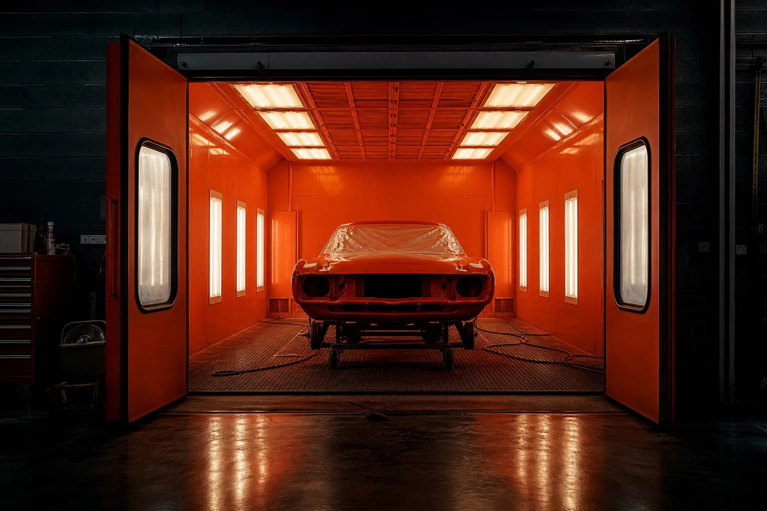 Classic vehicle in Jack's professional paint booth — collision refinish in progress