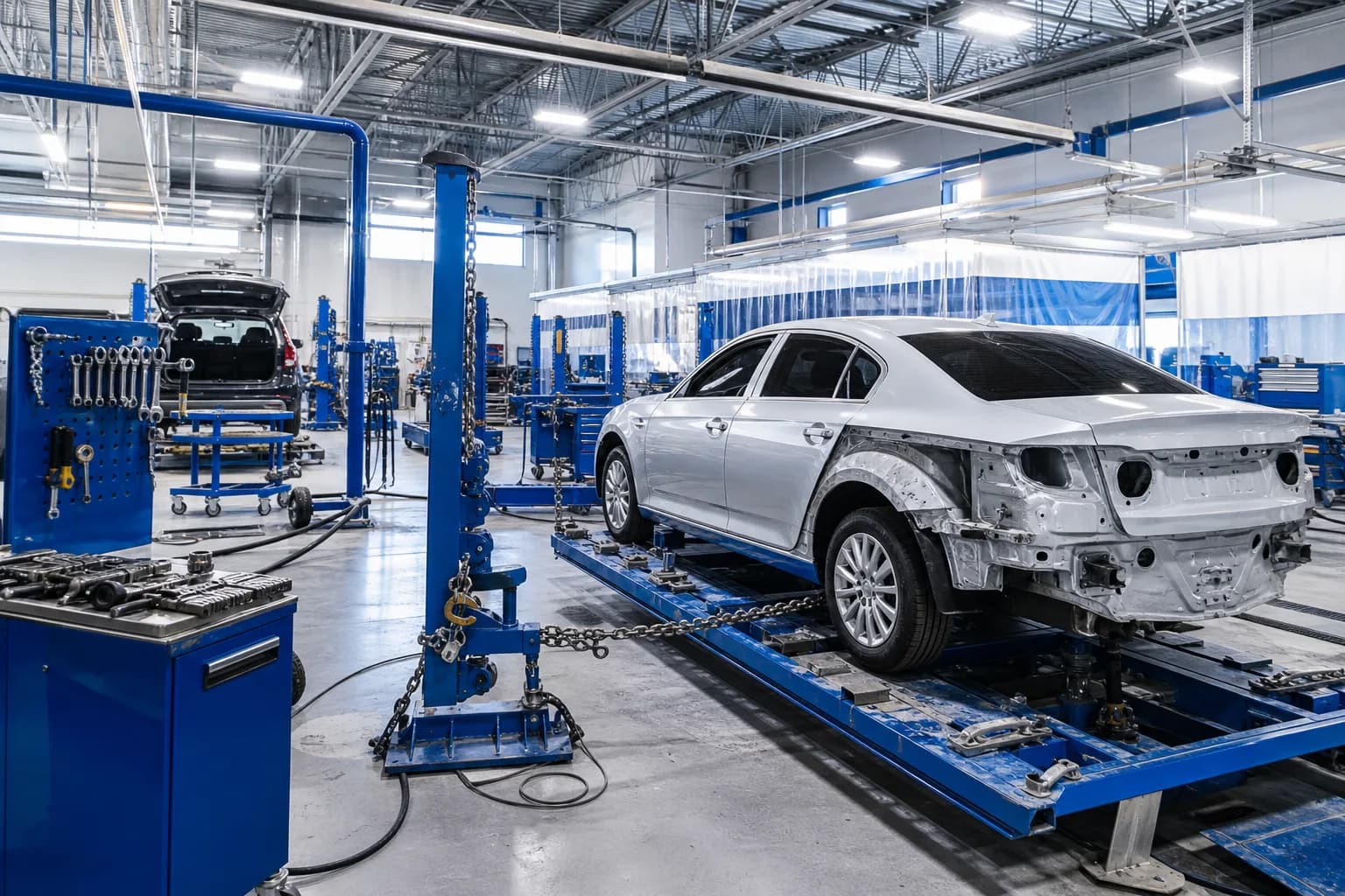 Wide collision repair bay with body work and frame equipment at Jack's